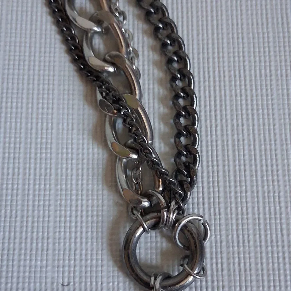Gunmetal Gray and Silver Toned Metal Curb Cable Link Multi Strand Chain Necklace